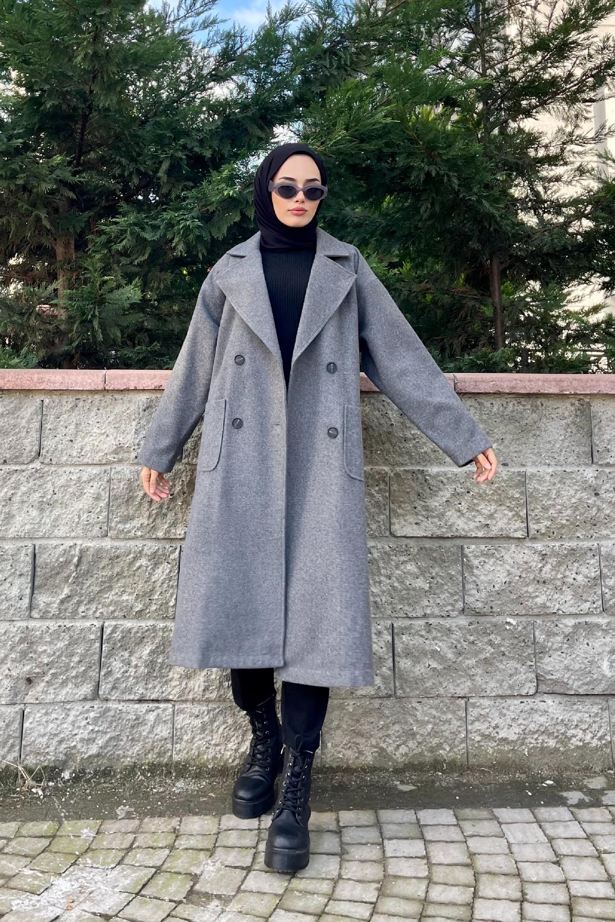Yanı Düğmeli Kuşaklı Kaban Füme