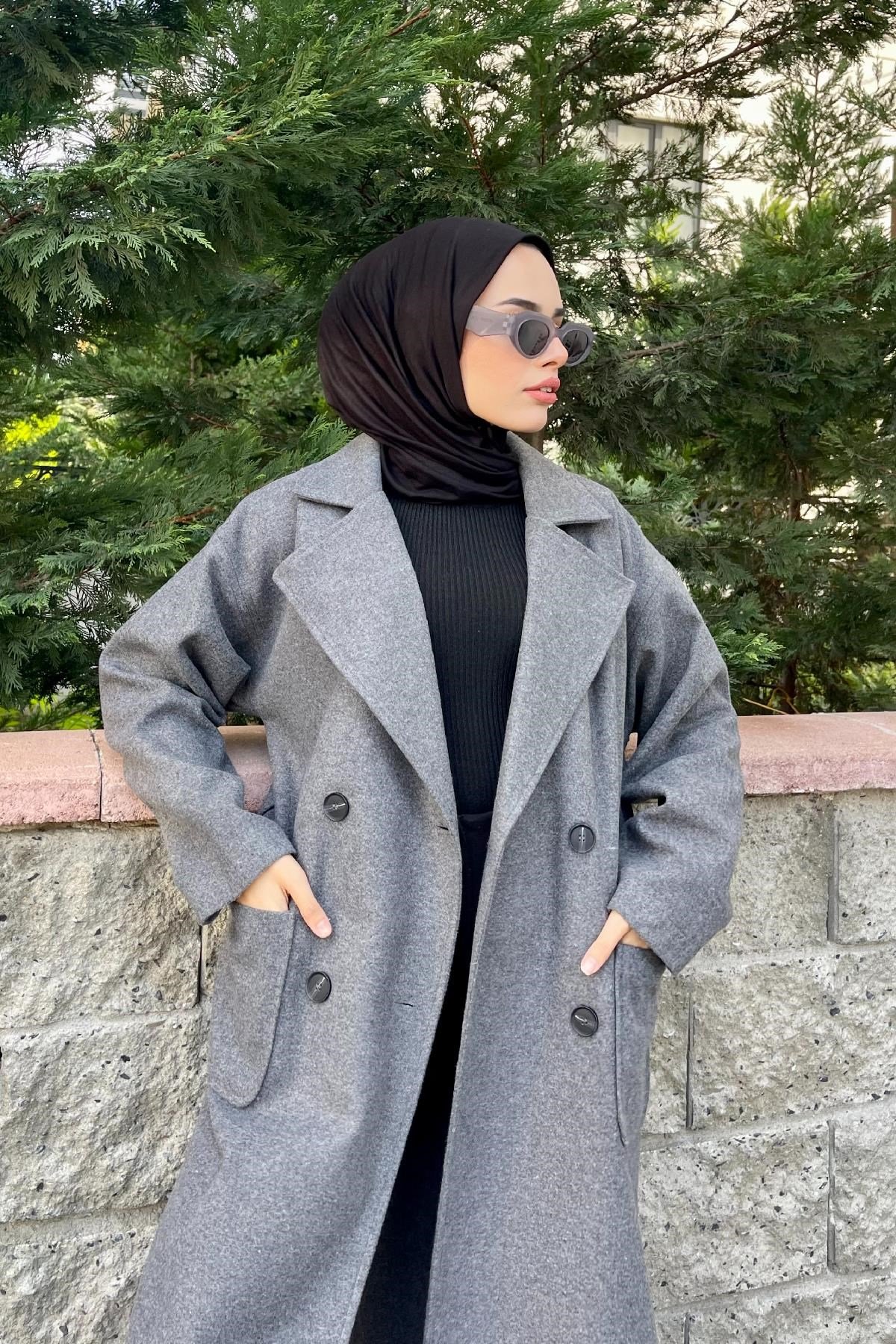 Yanı Düğmeli Kuşaklı Kaban Füme