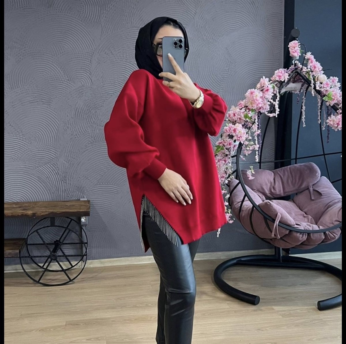 Yarı Zincirli Triko Tunik Bordo