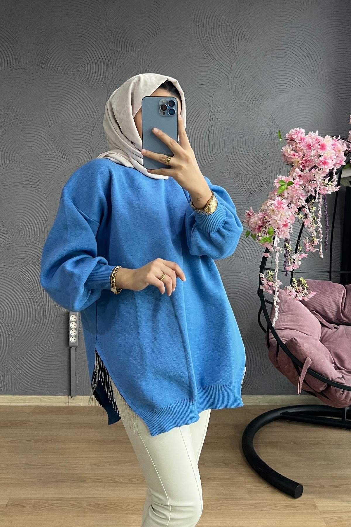 Yarı Zincirli Triko Tunik İndigo