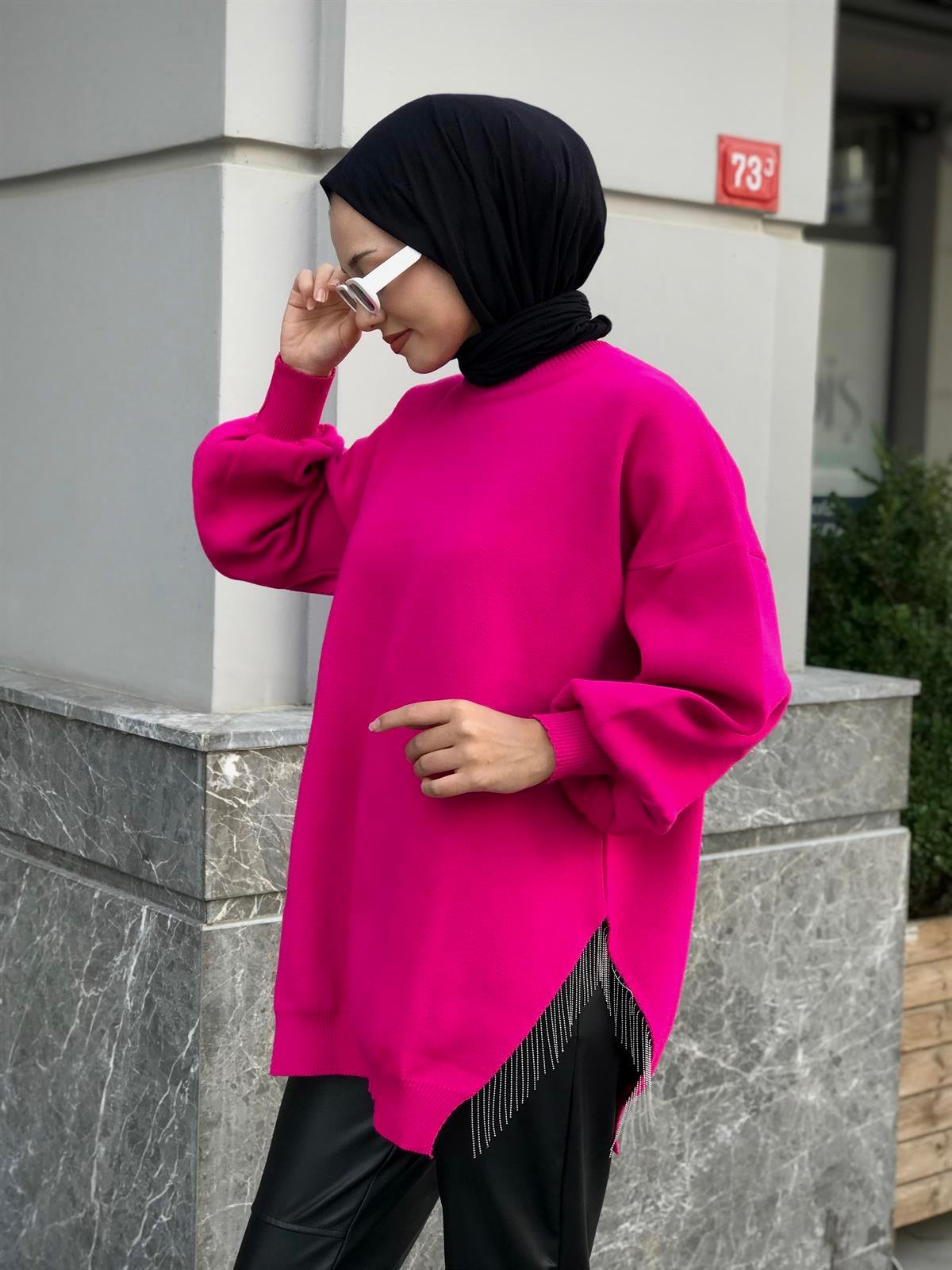 Yarı Zincirli Triko Tunik Pembe