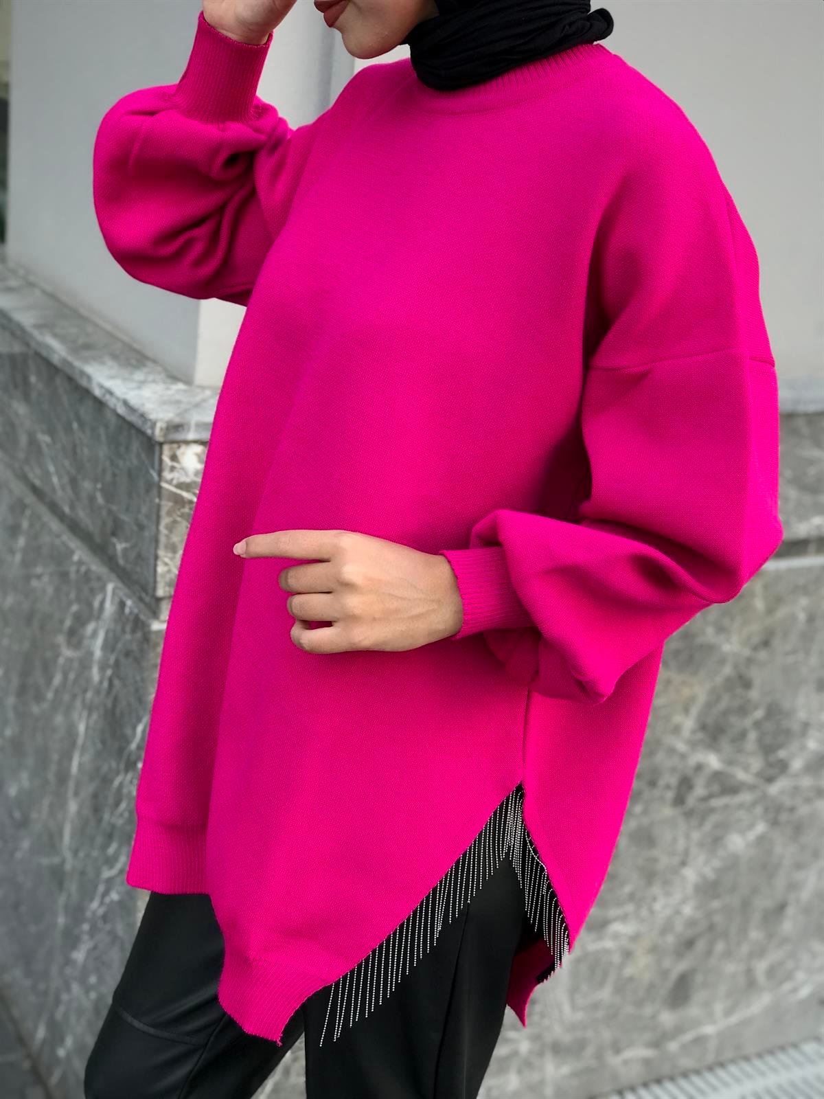 Yarı Zincirli Triko Tunik Pembe