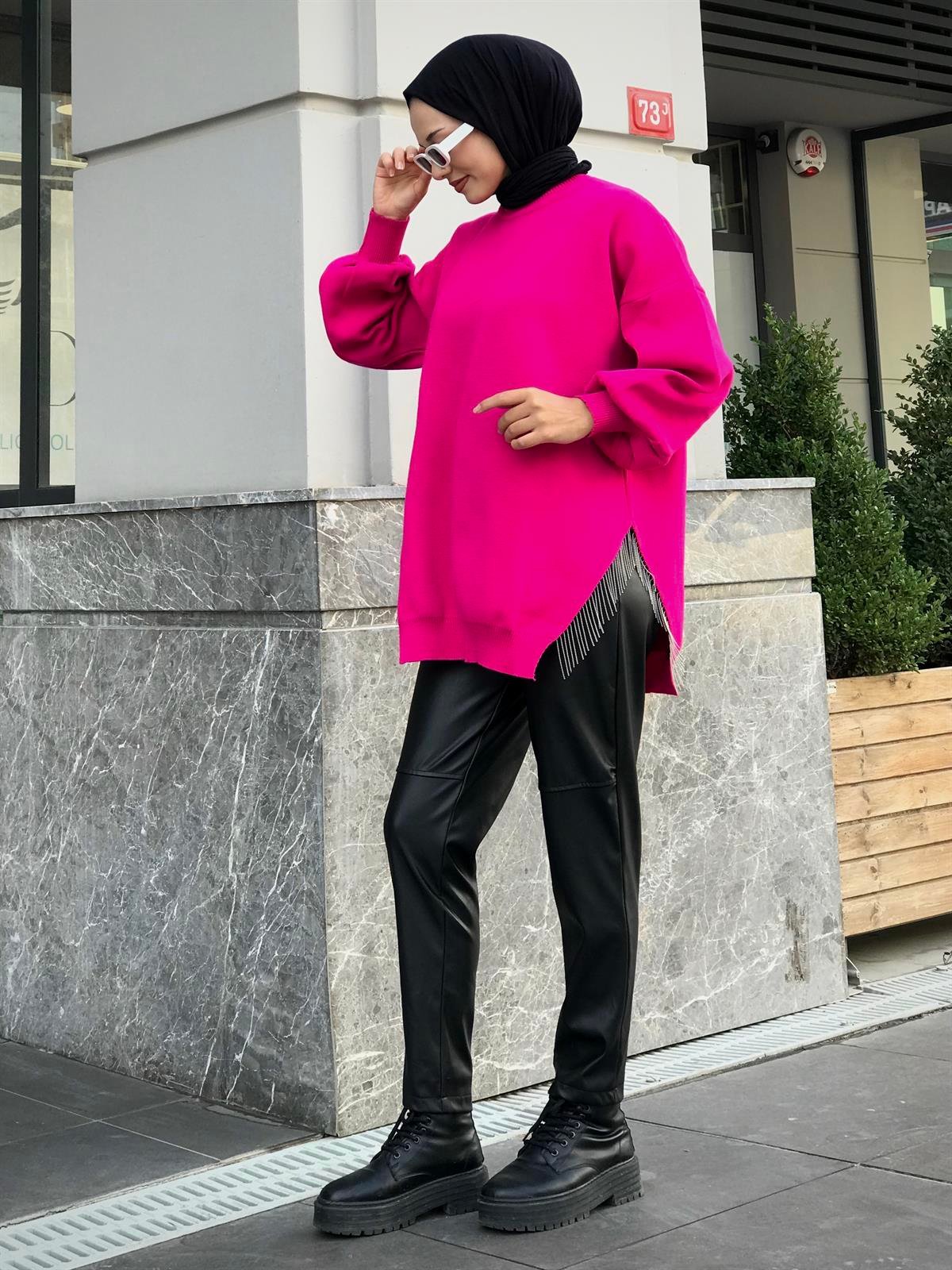 Yarı Zincirli Triko Tunik Pembe