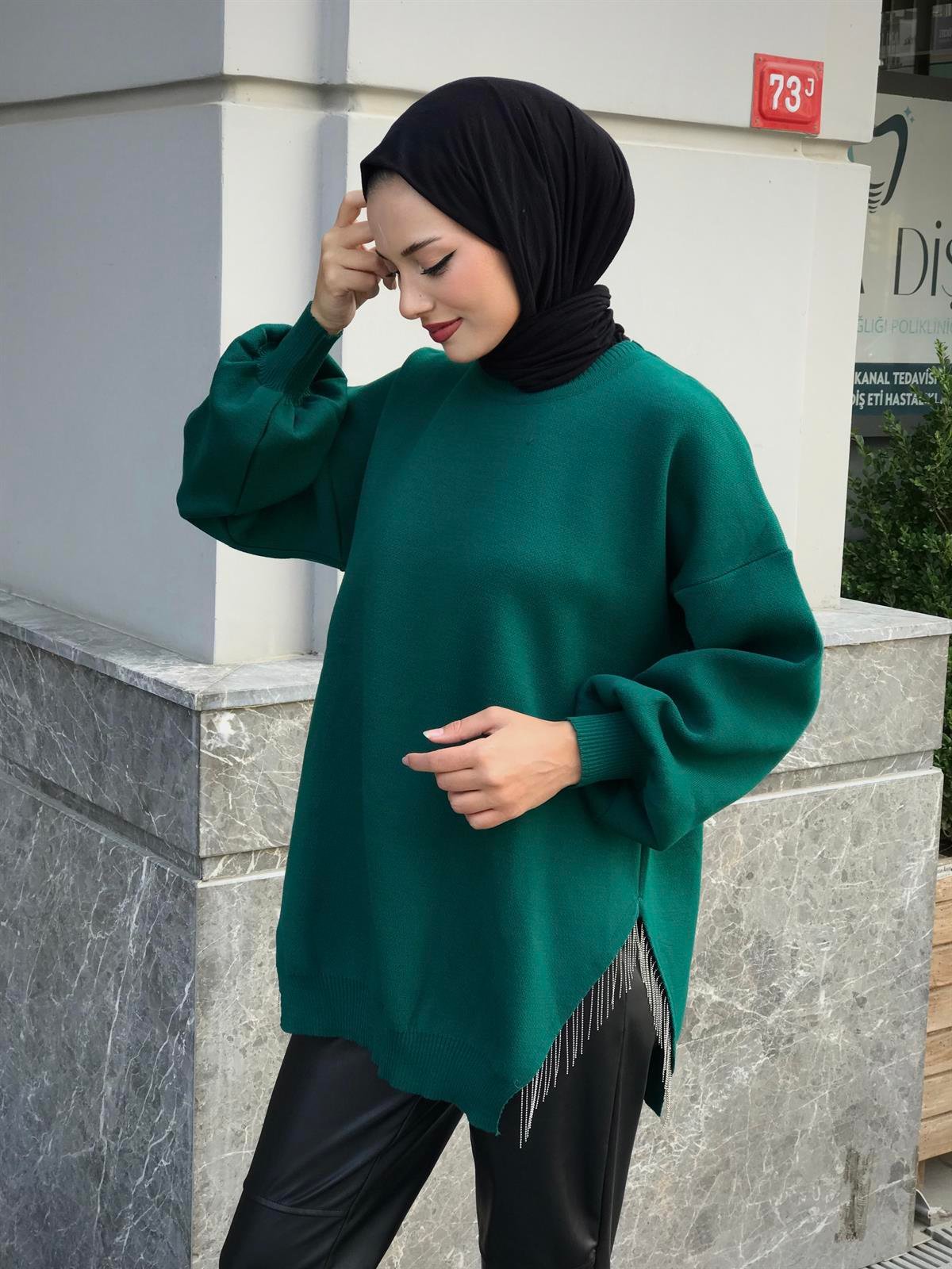 Yarı Zincirli Triko Tunik Yeşil