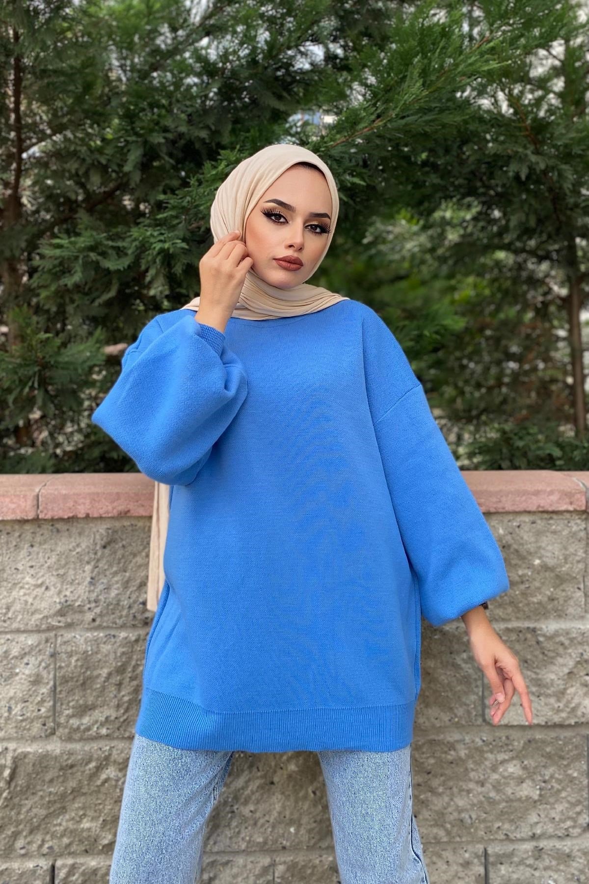 Yarım Boğazlı Triko Kazak Mavi