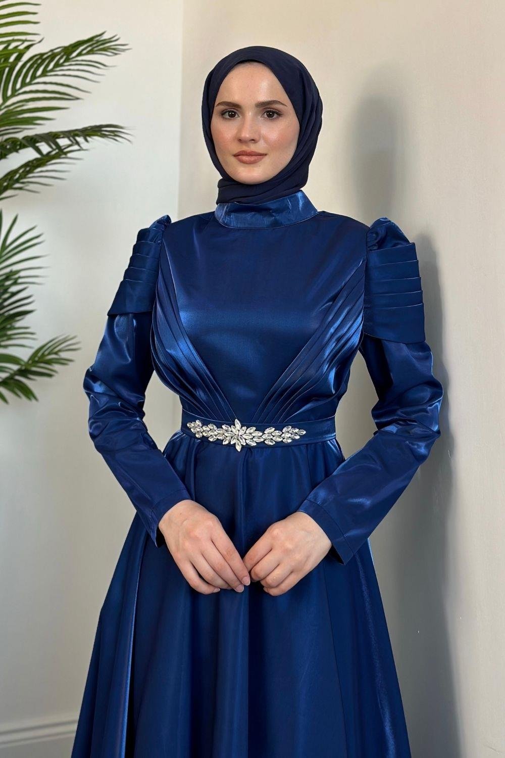 Yola Drape Detay Tafta Abiye Lacivert