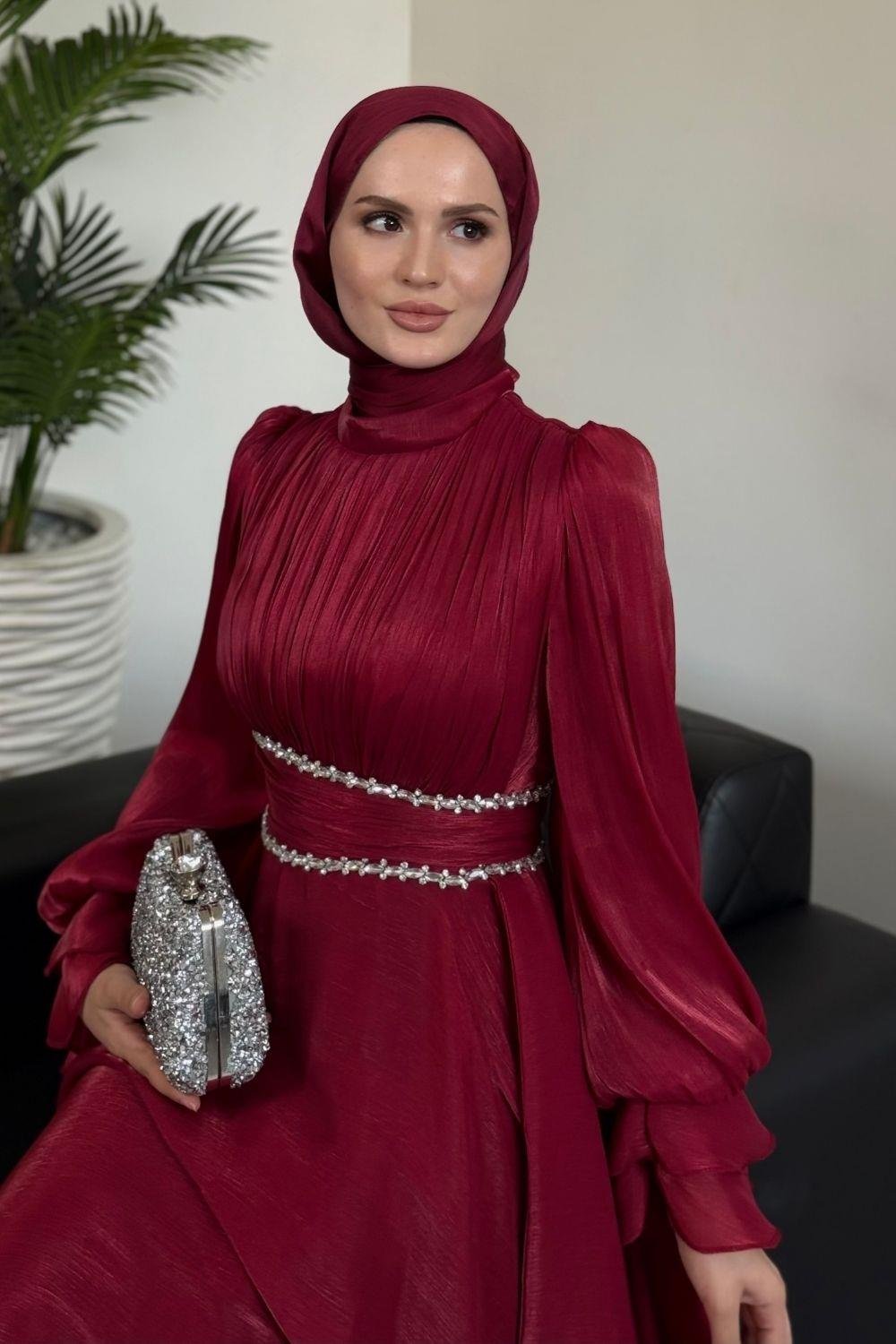 Zarina Beli Taşlı Jan Jan  Abiye Bordo