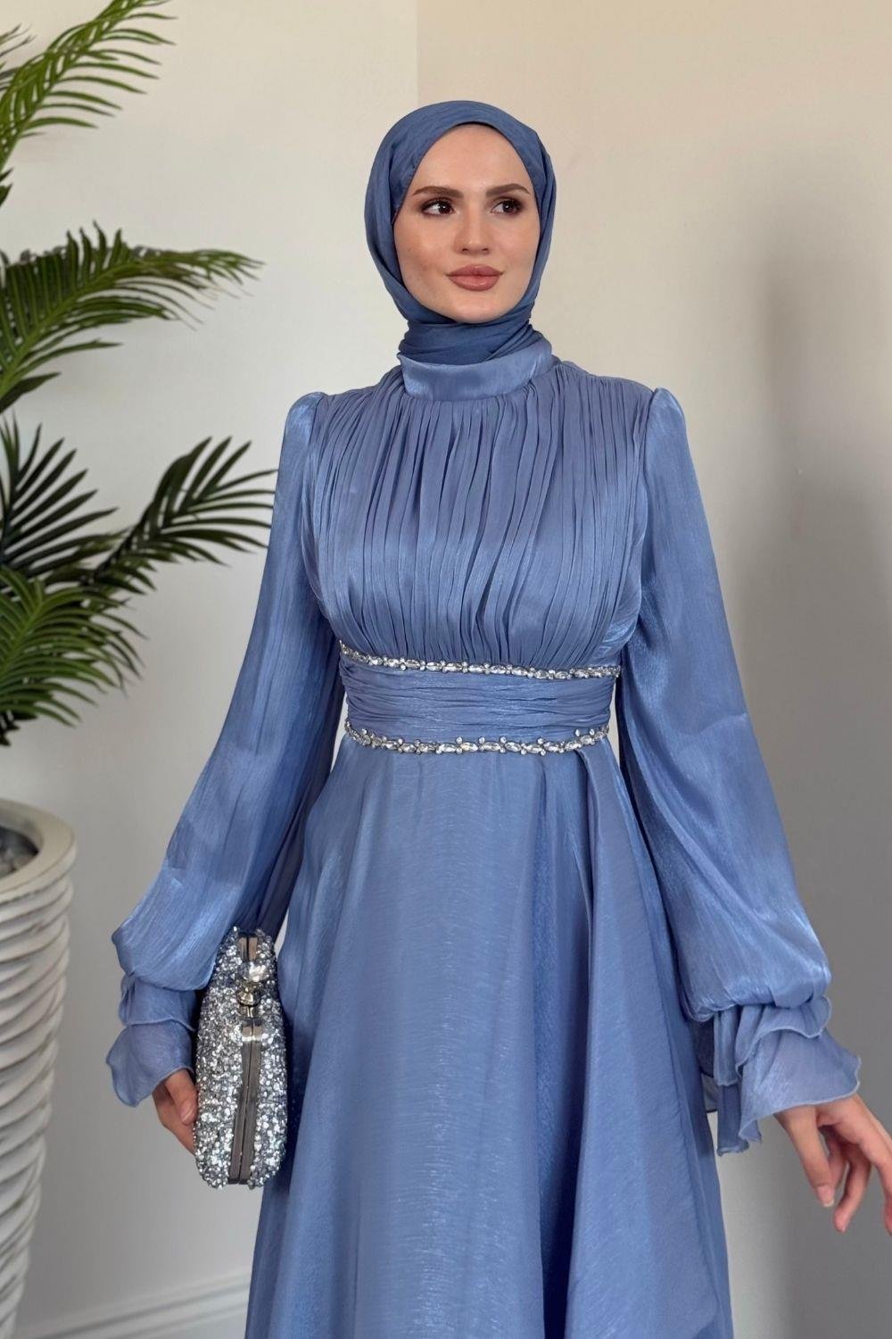 Zarina Beli Taşlı Jan Jan  Abiye Buz Mavisi