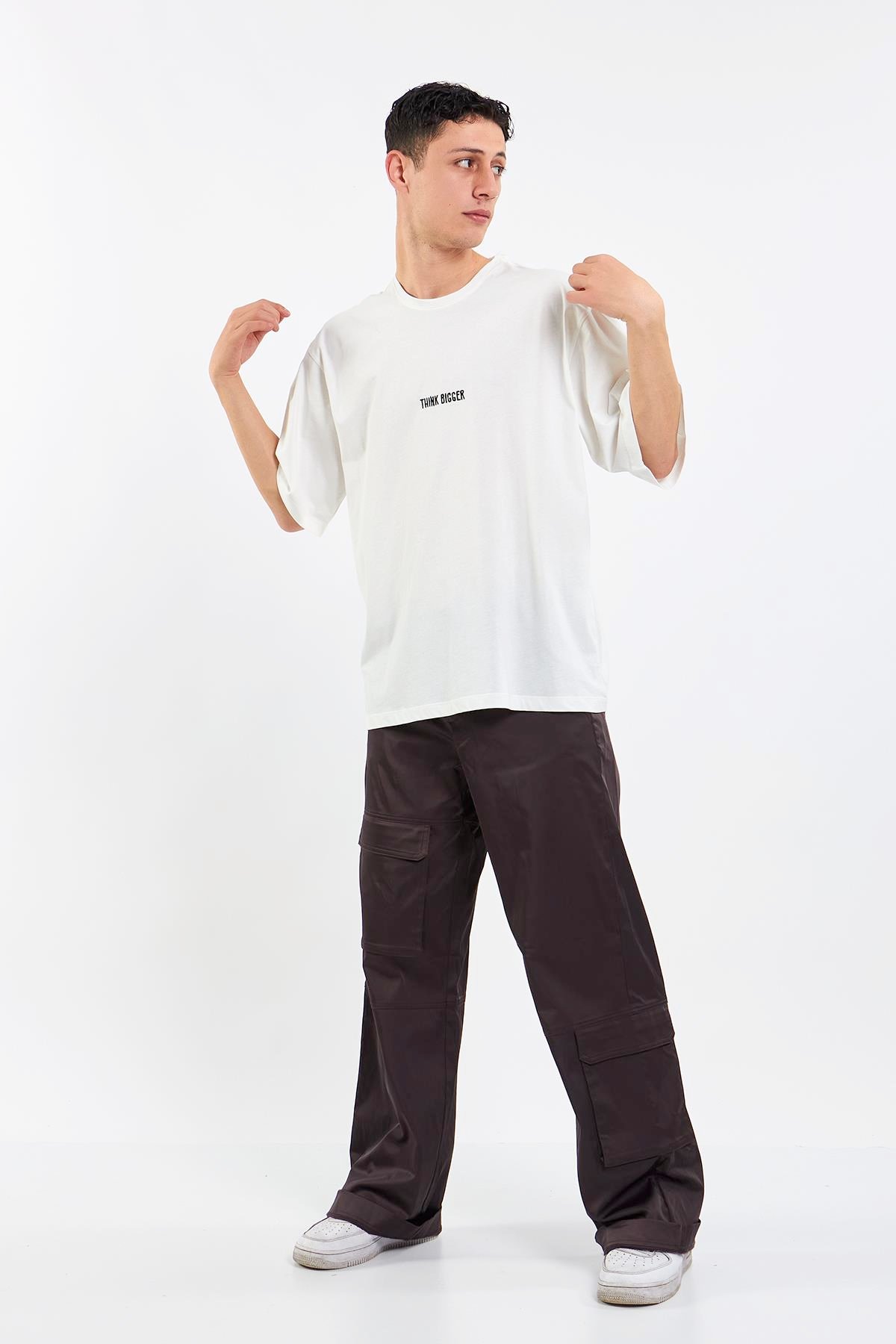 Unisex Think Bigger Baskılı Oversize Ekru T-Shirt %100 Pamuk