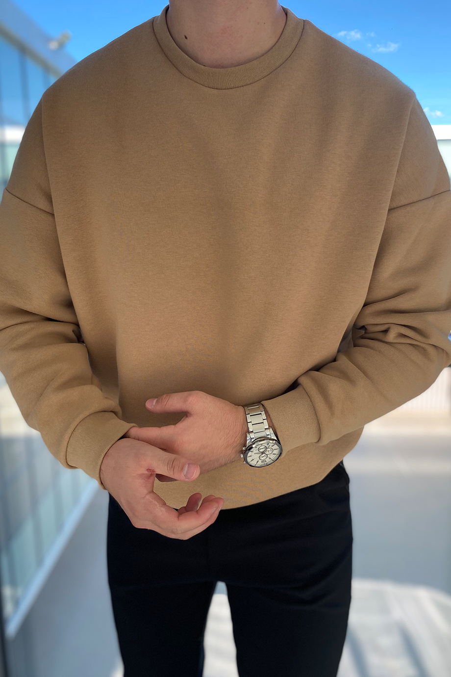 BEJ OVERSIZE BİSİKLET YAKA BASİC KAZAK