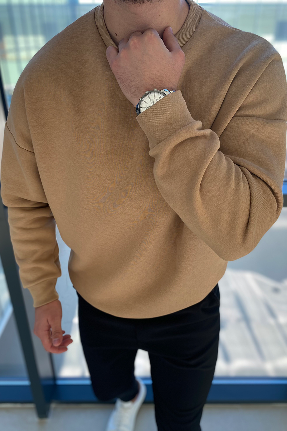 BEJ OVERSIZE BİSİKLET YAKA BASİC KAZAK