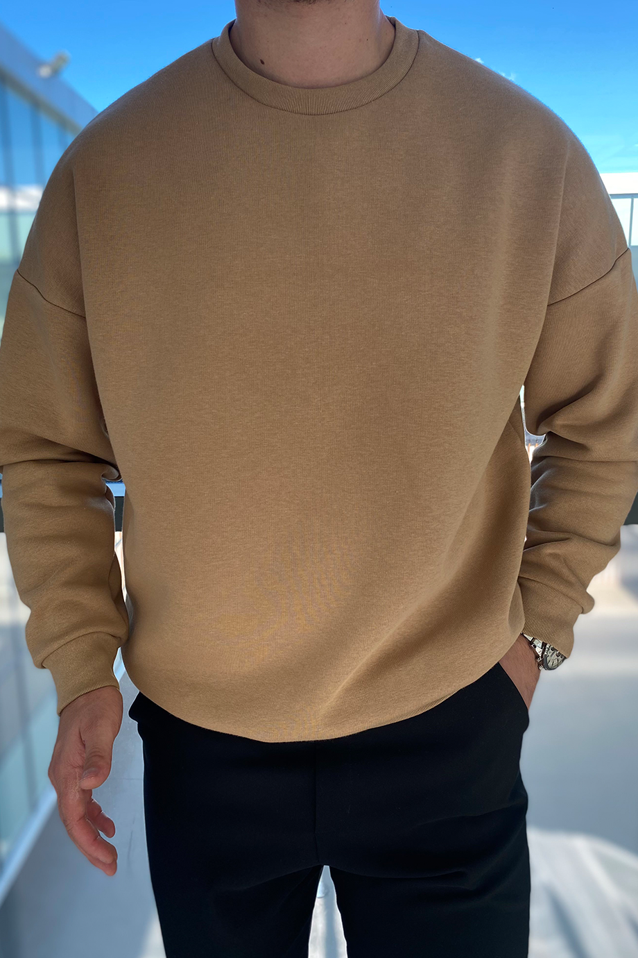 BEJ OVERSIZE BİSİKLET YAKA BASİC KAZAK