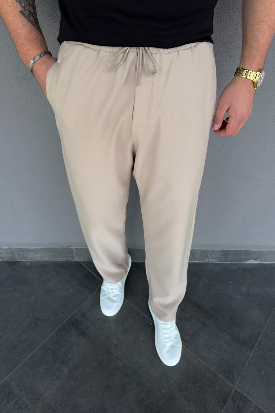 BEJ PARAŞÜT KUMAŞ BEL LASTİKLİ BAGGY PANTALON