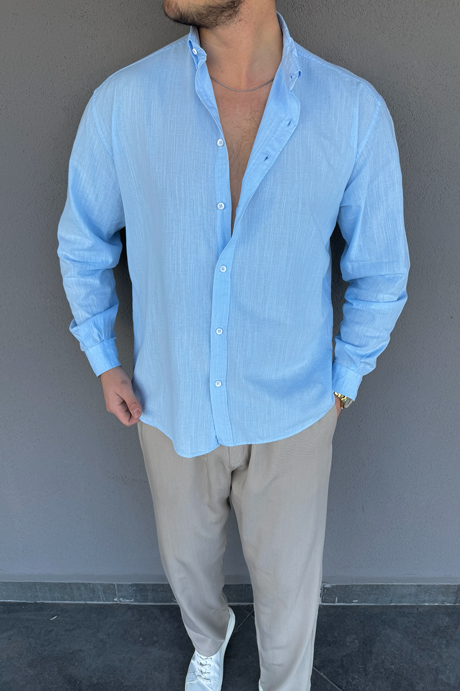 BUZ MAVİSİ FRESH KETEN OVERSIZE GÖMLEK