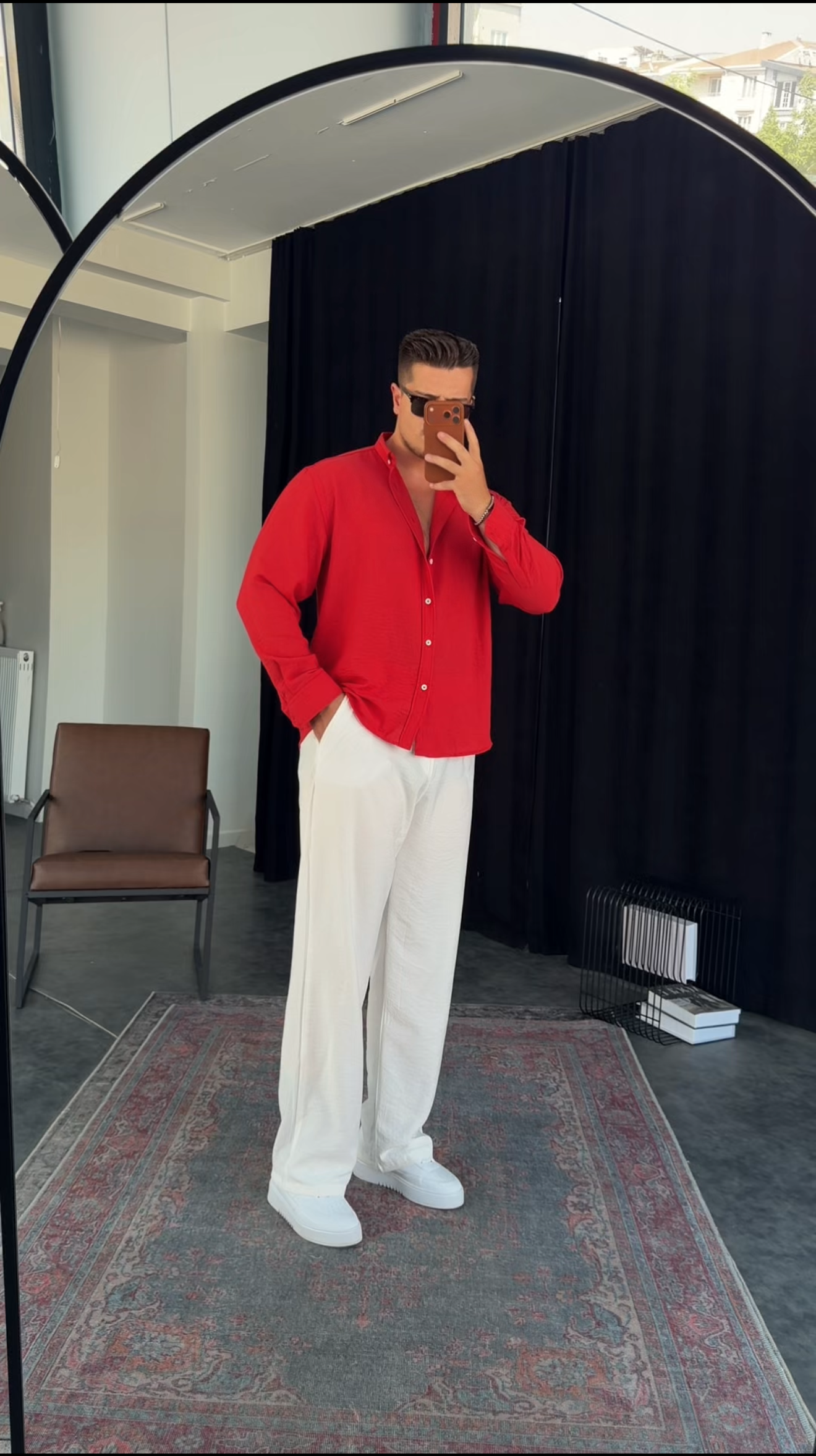KIRMIZI OVERSIZE KALIP KETEN KARIŞIMLI GÖMLEK