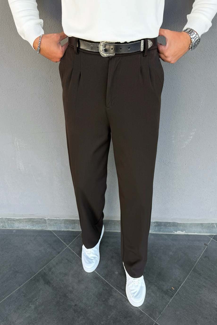 KOYU KAHVE BAGGY KALIP KUMAŞ PANTOLON