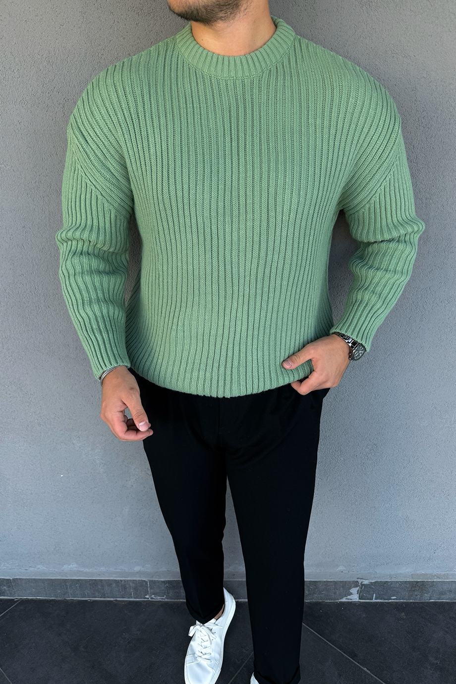 MİNT OVERSIZE KALIP BİSİKLET YAKA ÖRME KAZAK