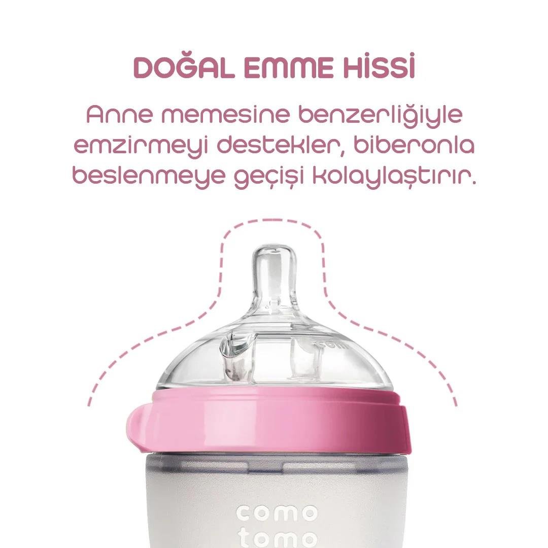 Comotomo Silikon Biberon 150ml Yavaş Akışlı (0-3 Ay) Yenidoğan - Pembe