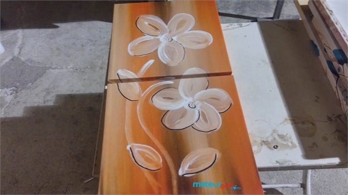 Kahverengi Beyaz Çiçekli 2 Parça Kanvas Tablo