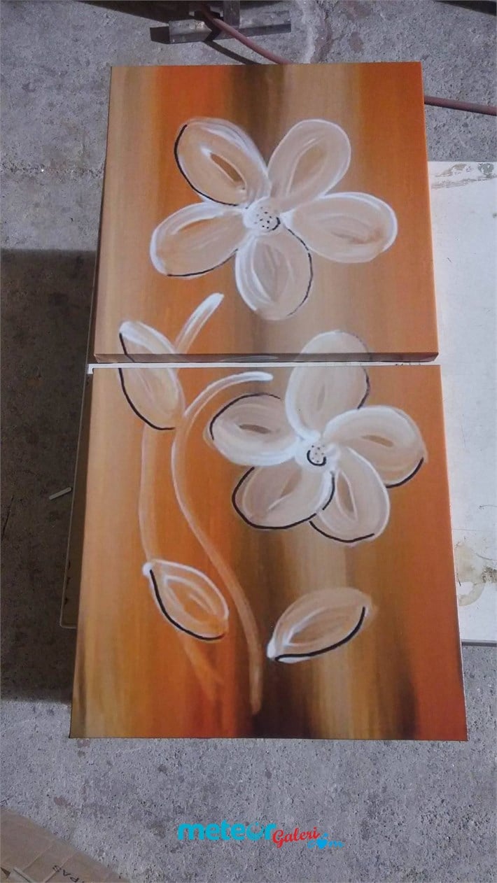 Kahverengi Beyaz Çiçekli 2 Parça Kanvas Tablo