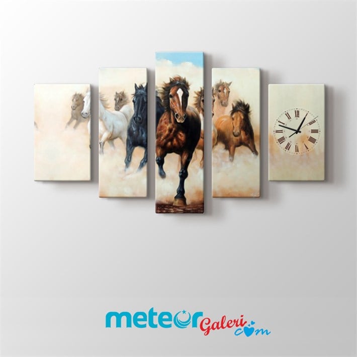 Koşan Renkli Atlar 5 Parça Kanvas Tablo