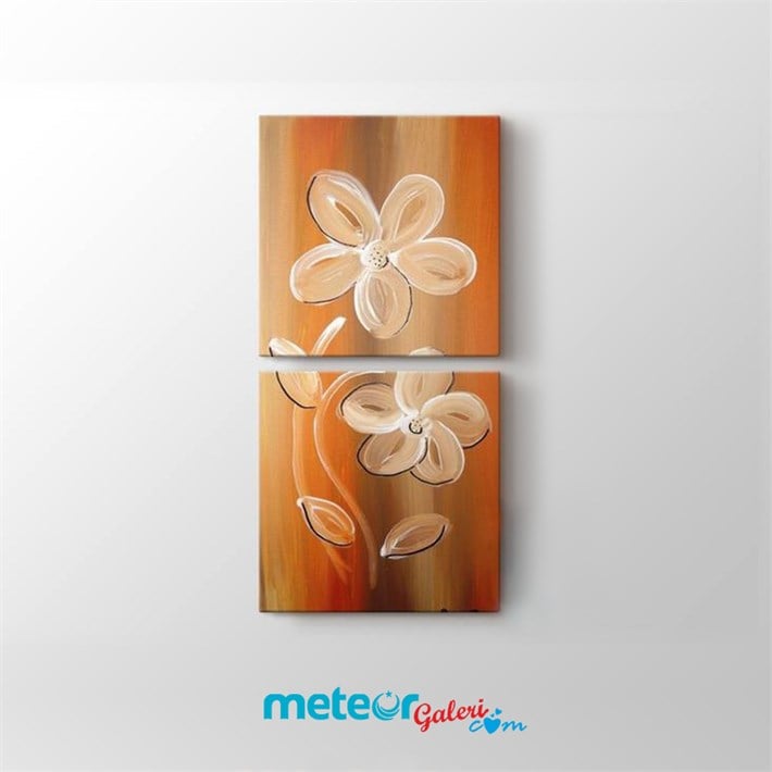 Kahverengi Beyaz Çiçekli 2 Parça Kanvas Tablo