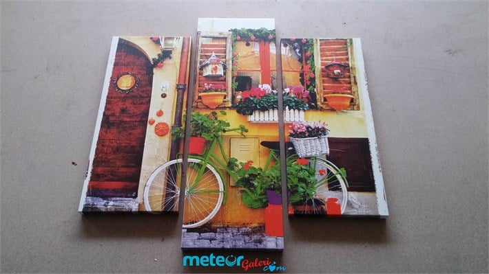 Çiçekli Bisikletli Dekoratif Kanvas Tablo