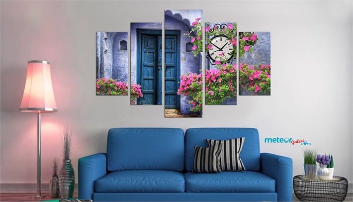 Çiçekli Ferforje Saatli Kanvas Tablo