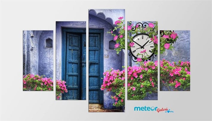 Çiçekli Ferforje Saatli Kanvas Tablo