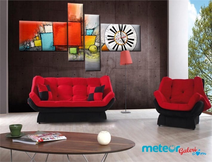 Renkli Çizgisel Frame Saatli Kanvas Tablo