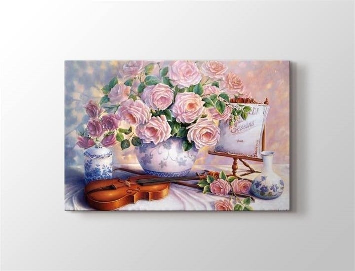 vintage romantik vazoda pembe güller keman tek parça kanvas tablo