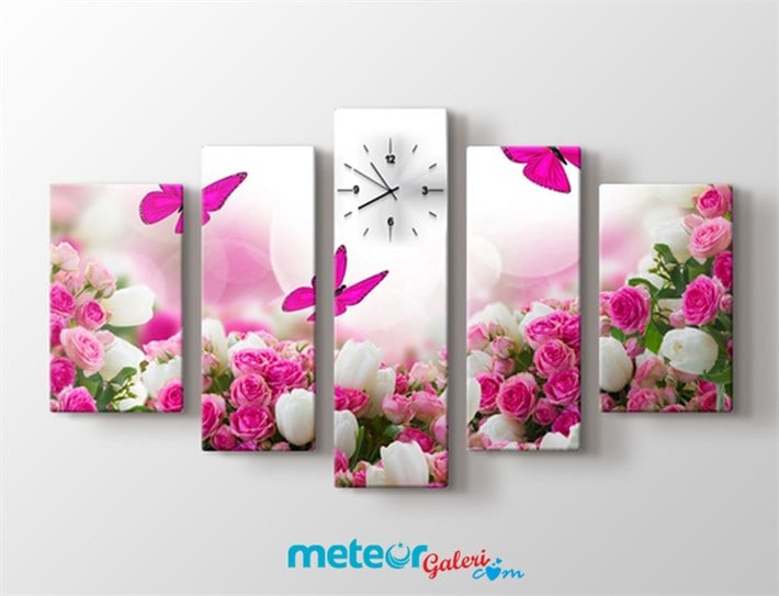 Pembe Güllü Çiçekli Uçan Kelebekler Kanvas Tablo