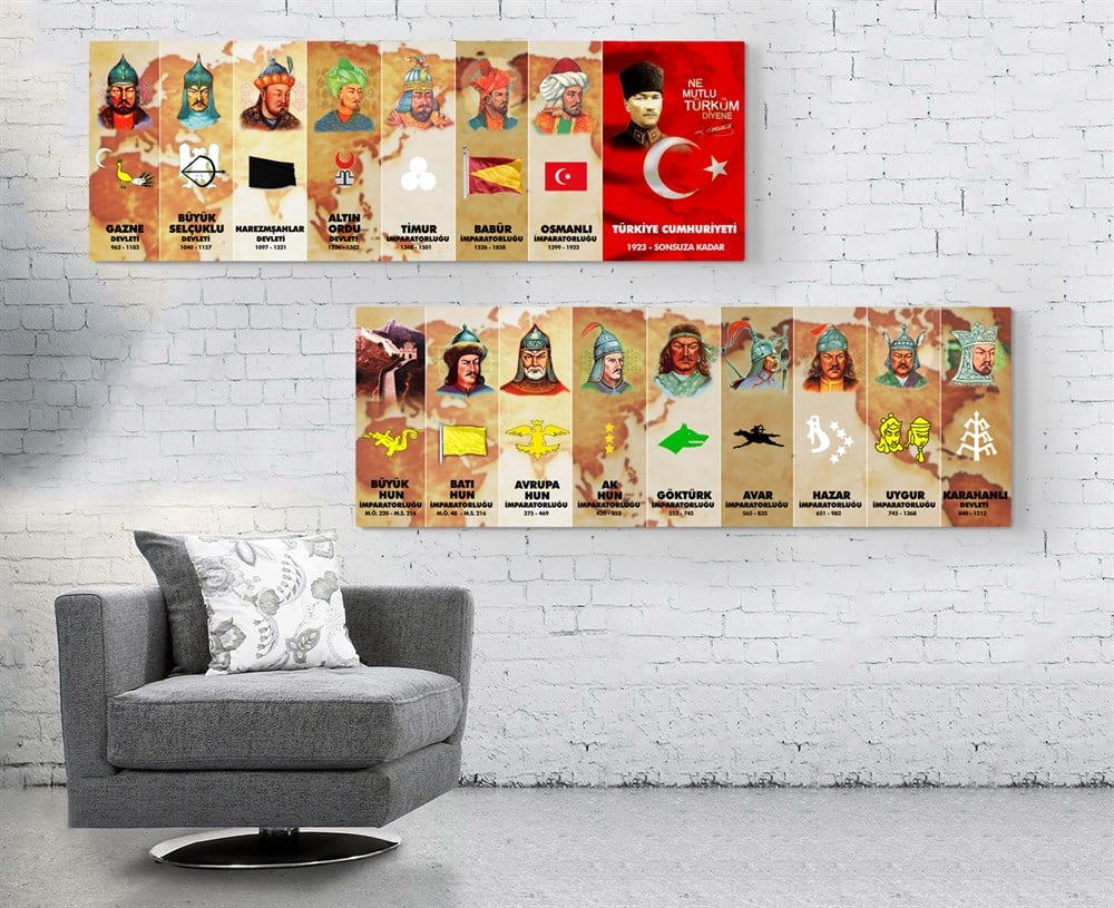 16 Türk Devletleri olan 2 Parça Kanvas Tablo