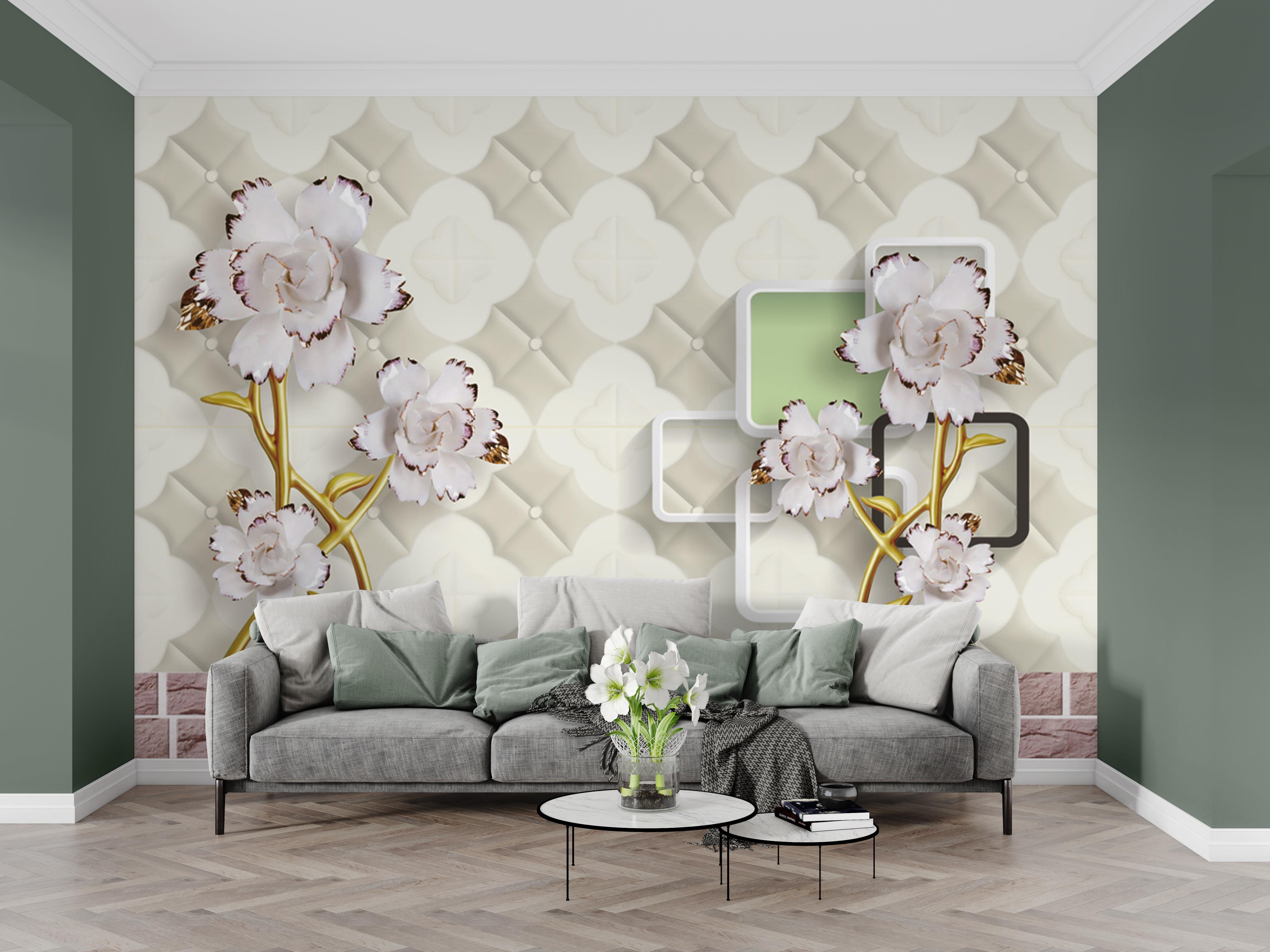 3D Çiçek Desenli Duvar Kağıdı - Modern Çocuk Odası Dekoru, Beyaz Altın Güller