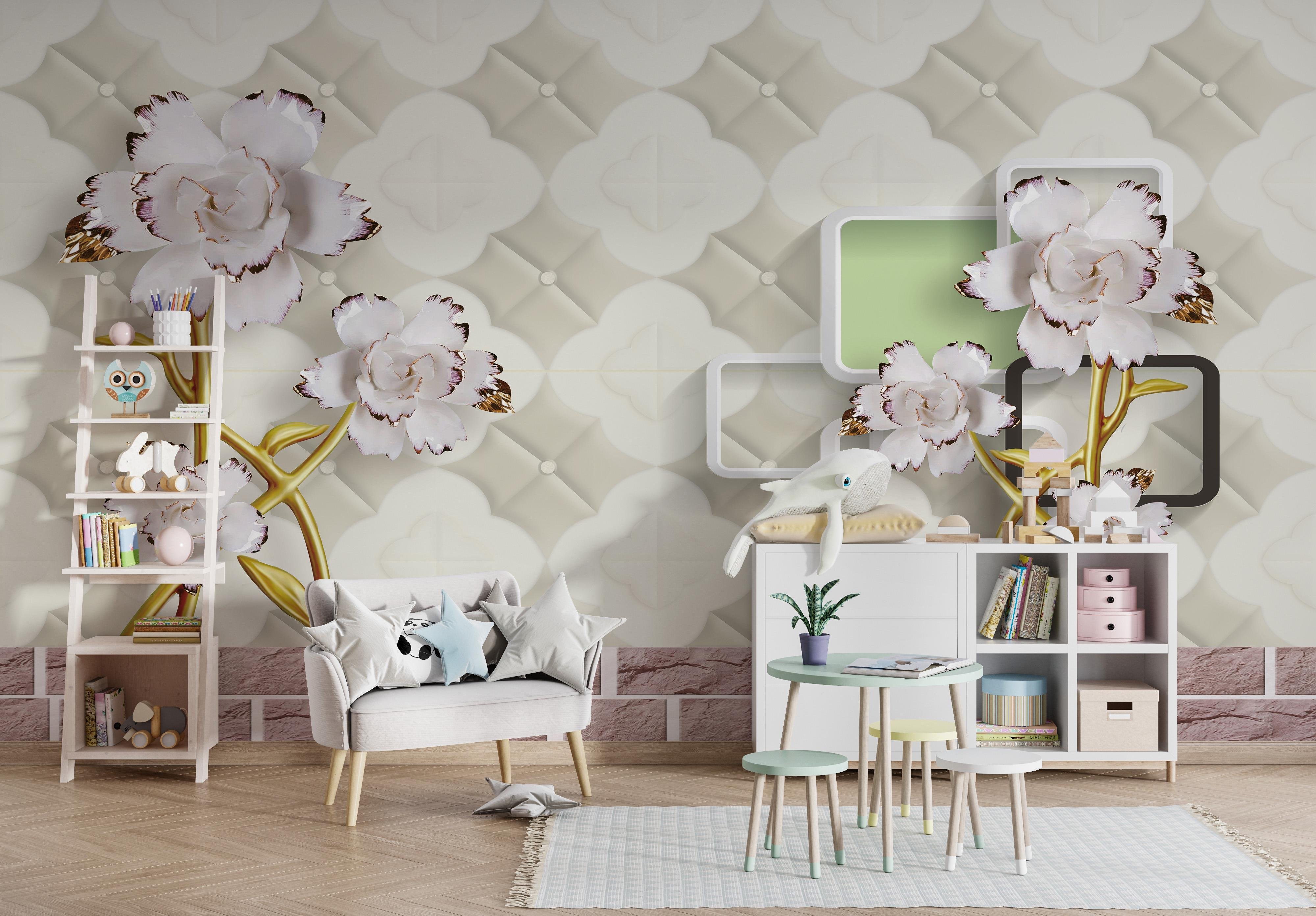 3D Çiçek Desenli Duvar Kağıdı - Modern Çocuk Odası Dekoru, Beyaz Altın Güller