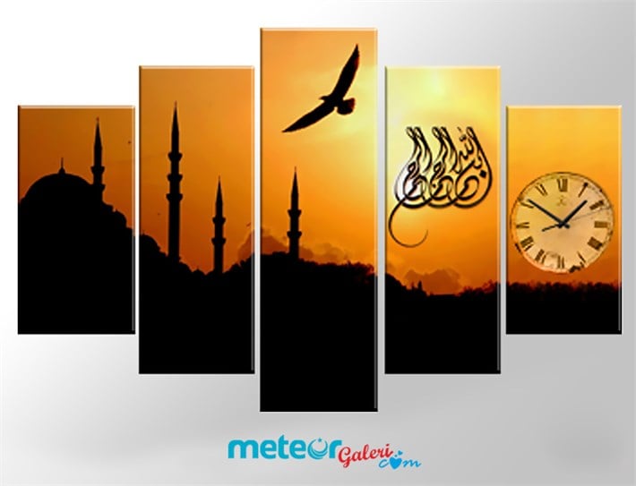Bismillah Yazılı Gün Batımı Cami Temalı Saatli Kanvas Tablo