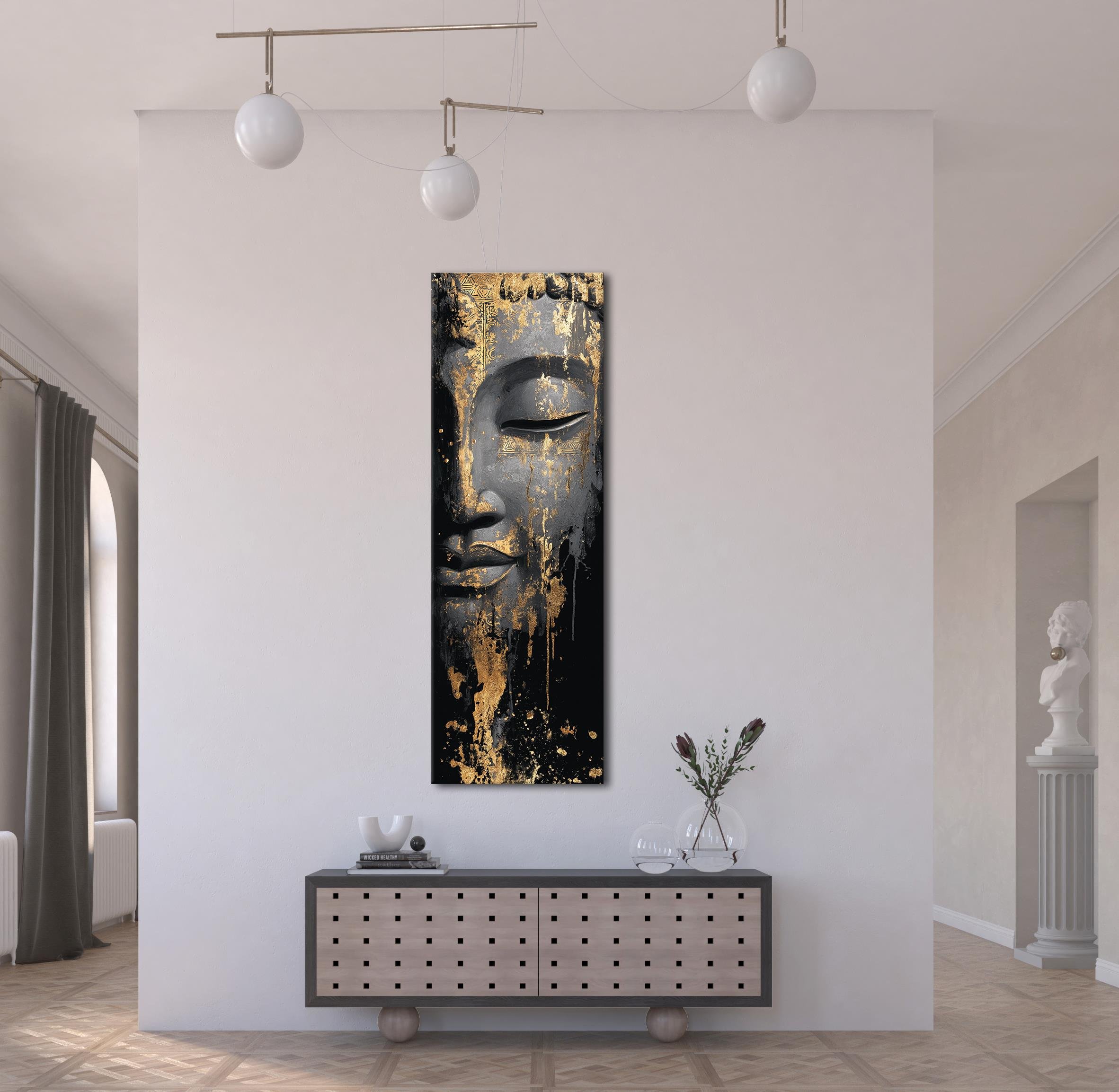 Altın Detaylı Buddha Kanvas Tablo, Siyah ve Gold Renklerde Modern Spiritüel Duvar Sanatı, Zen Tarz Ev Dekoru
