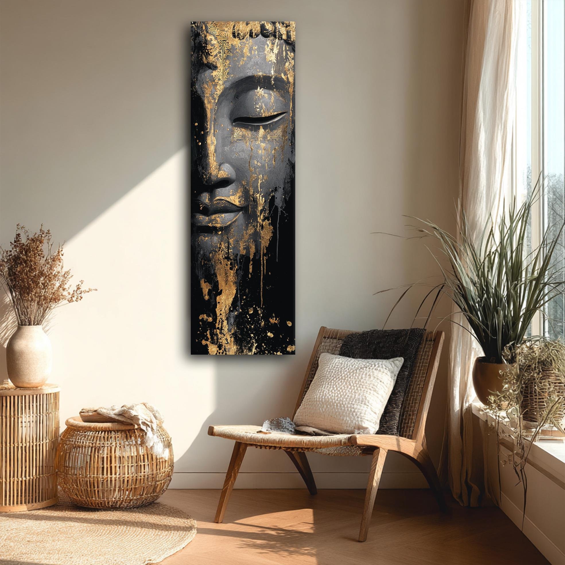 Altın Detaylı Buddha Kanvas Tablo, Siyah ve Gold Renklerde Modern Spiritüel Duvar Sanatı, Zen Tarz Ev Dekoru