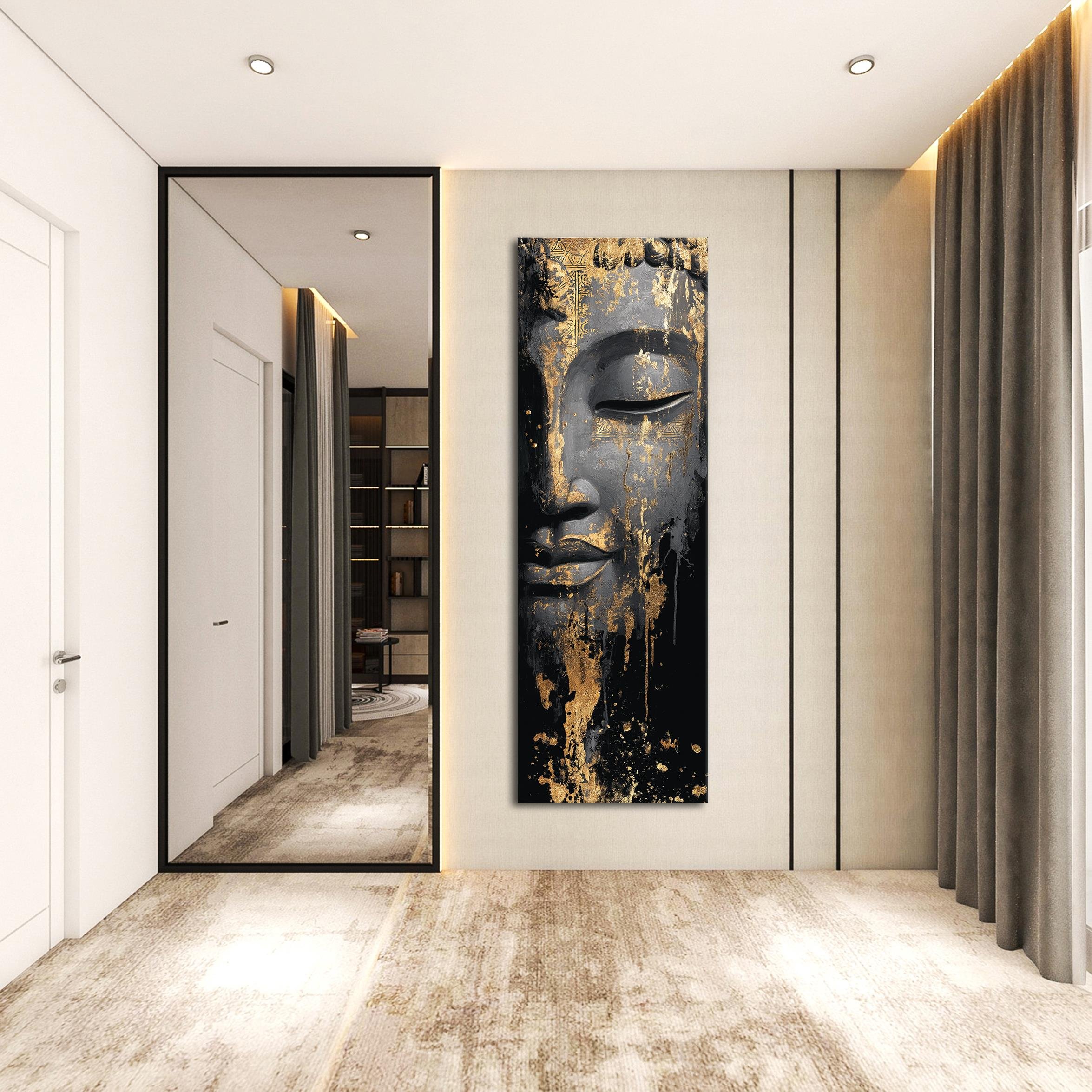 Altın Detaylı Buddha Kanvas Tablo, Siyah ve Gold Renklerde Modern Spiritüel Duvar Sanatı, Zen Tarz Ev Dekoru