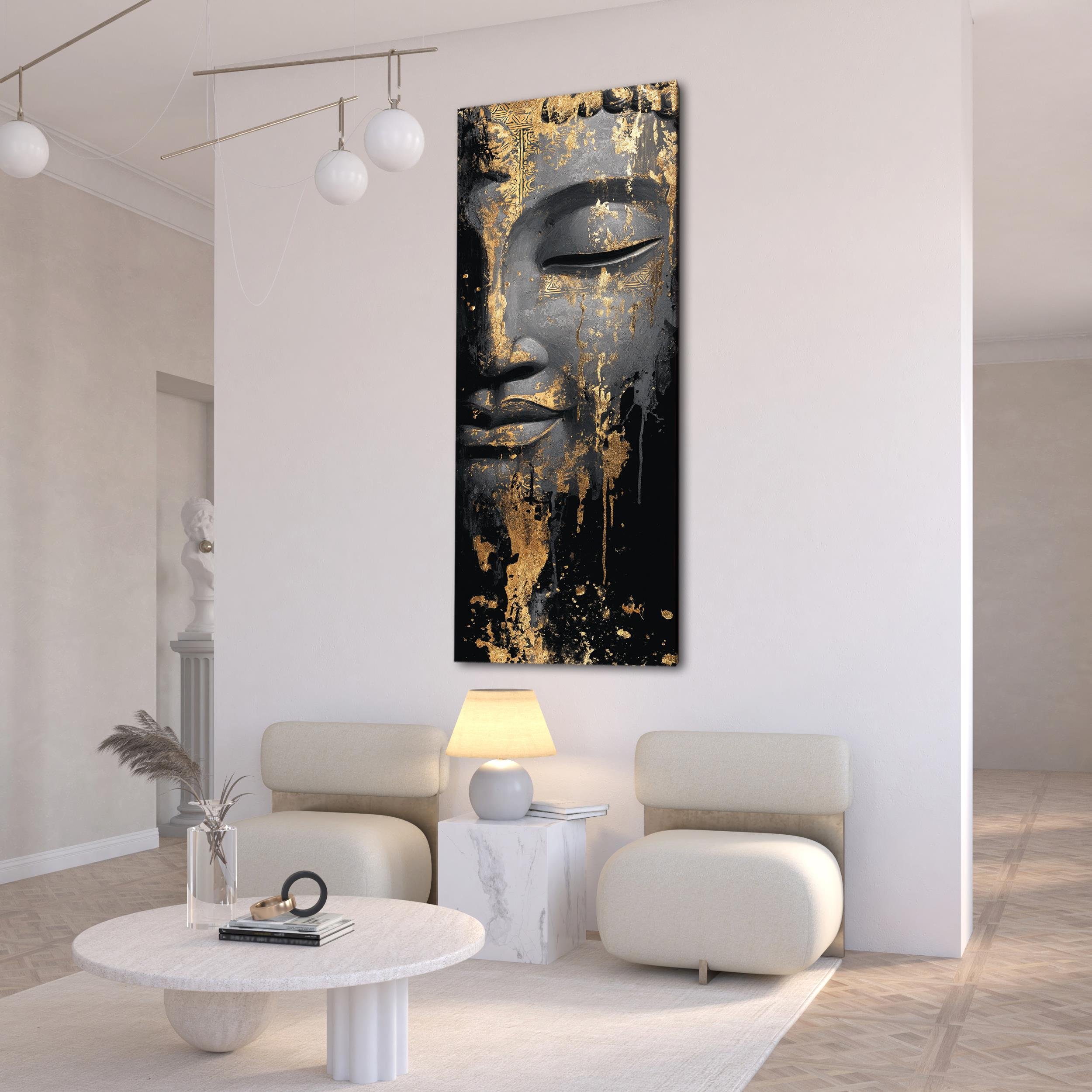 Altın Detaylı Buddha Kanvas Tablo, Siyah ve Gold Renklerde Modern Spiritüel Duvar Sanatı, Zen Tarz Ev Dekoru