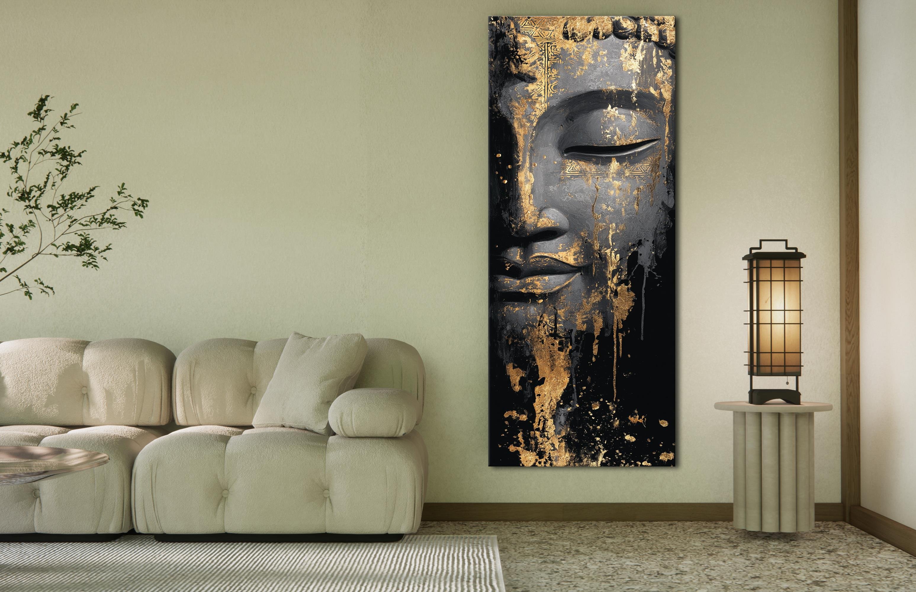 Altın Detaylı Buddha Kanvas Tablo, Siyah ve Gold Renklerde Modern Spiritüel Duvar Sanatı, Zen Tarz Ev Dekoru