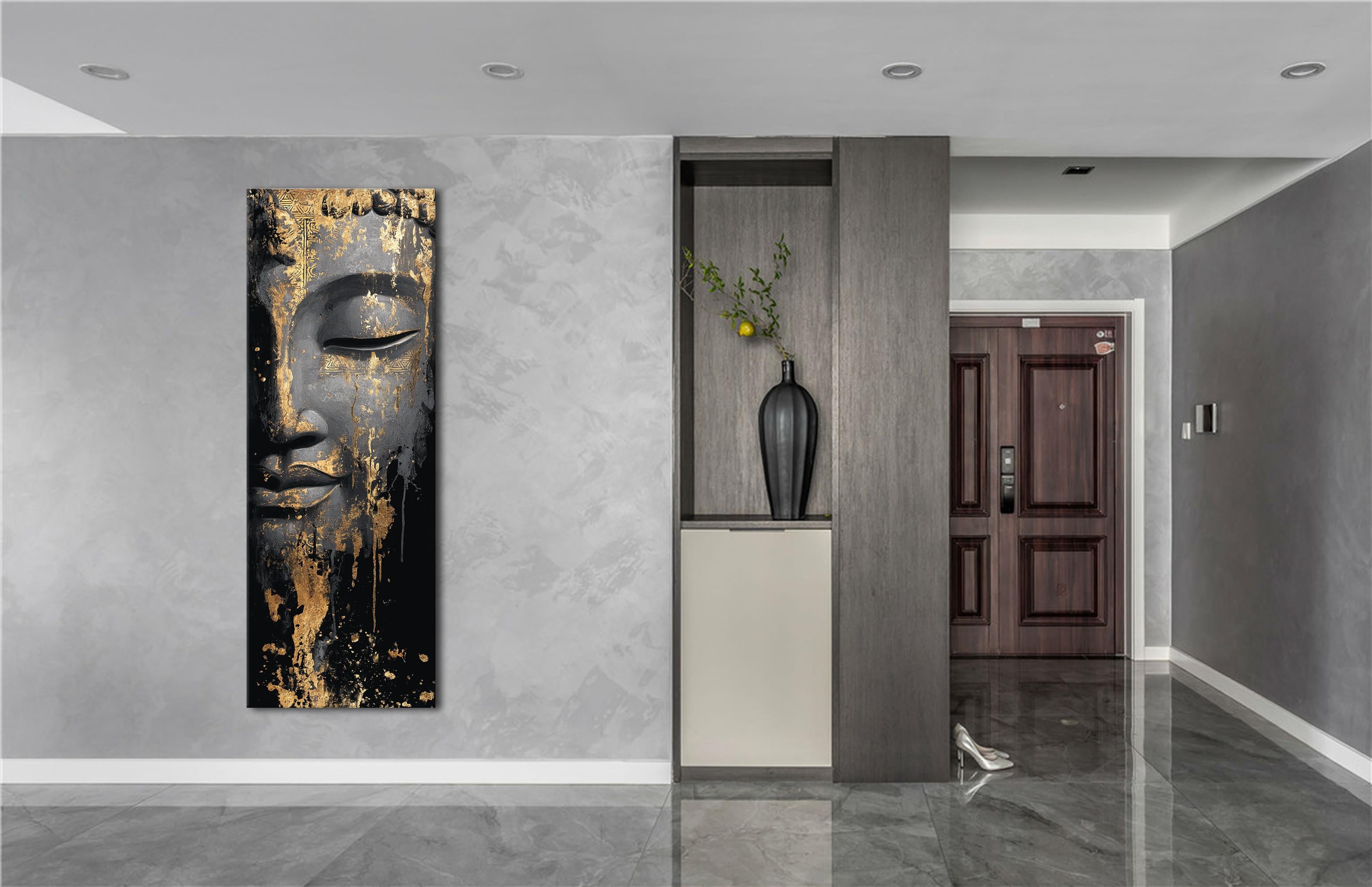 Altın Detaylı Buddha Kanvas Tablo, Siyah ve Gold Renklerde Modern Spiritüel Duvar Sanatı, Zen Tarz Ev Dekoru