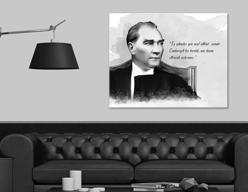 Atatürk Çizimi Yazılı Kanvas Tablo