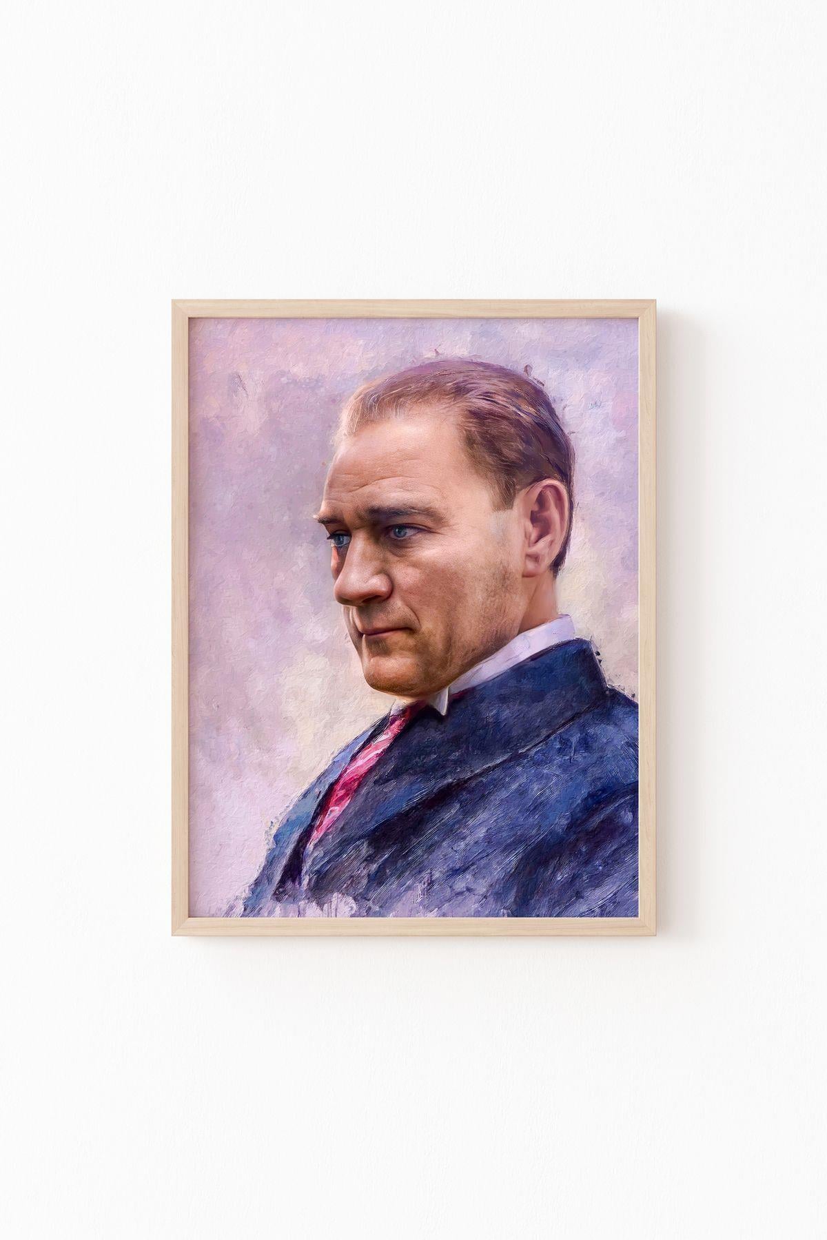 Atatürk Portresi Mustafa Kemal Yağlıboya Dokulu Efekt Lacivert Takım Kırmızı Kravat Ofis Dekor Çerçeveli Tablo – Naturel Çerçeve