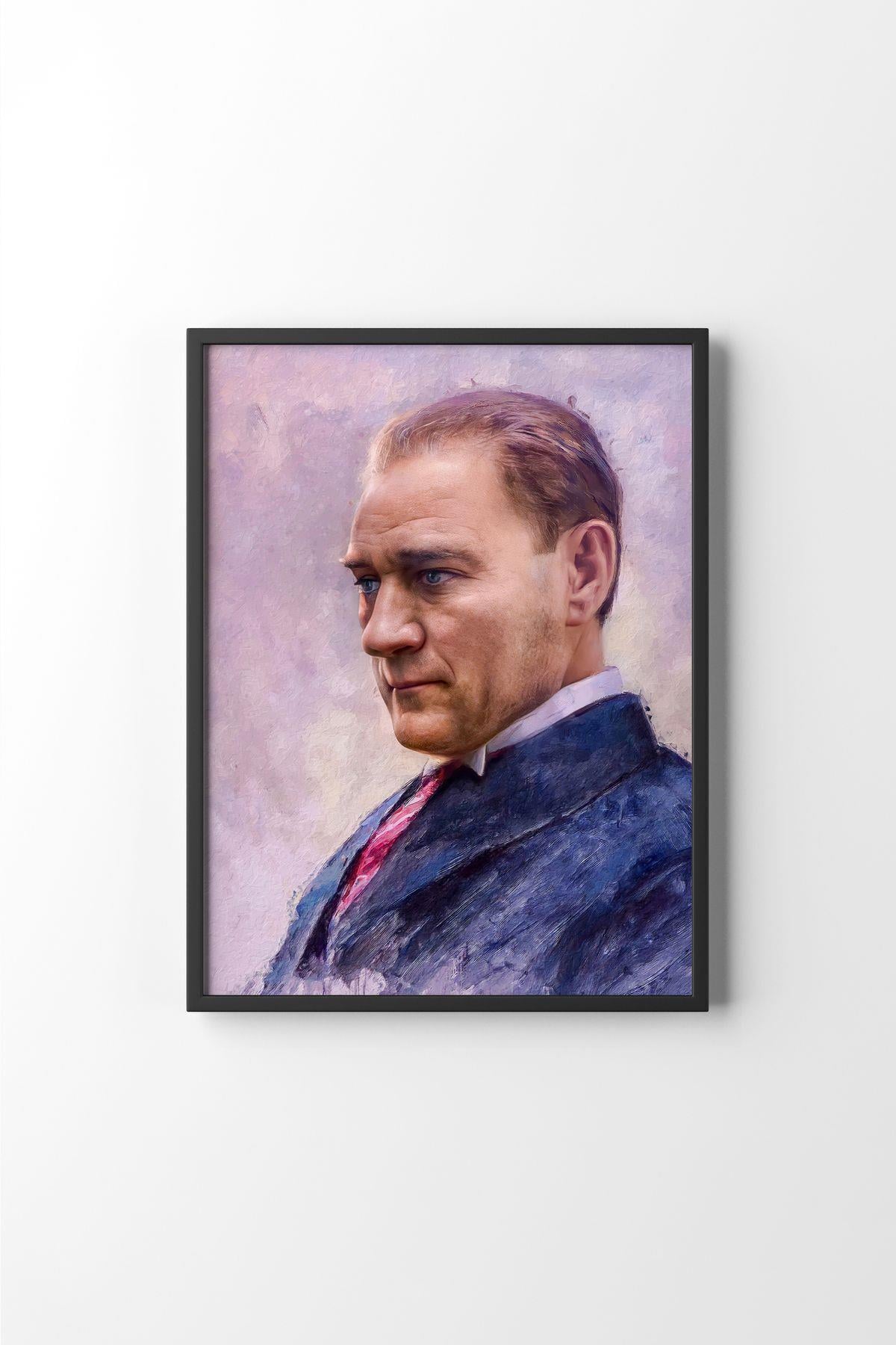 Atatürk Portresi Mustafa Kemal Yağlıboya Dokulu Efekt Lacivert Takım Kırmızı Kravat Ofis Dekor Çerçeveli Tablo – Naturel Çerçeve