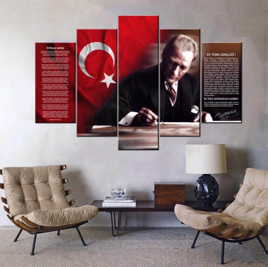 Atatürk, Türk Bayrağı, İstiklal Marşı ve Gençliğe Hitabe 5 Parçalı Kanvas Tablo
