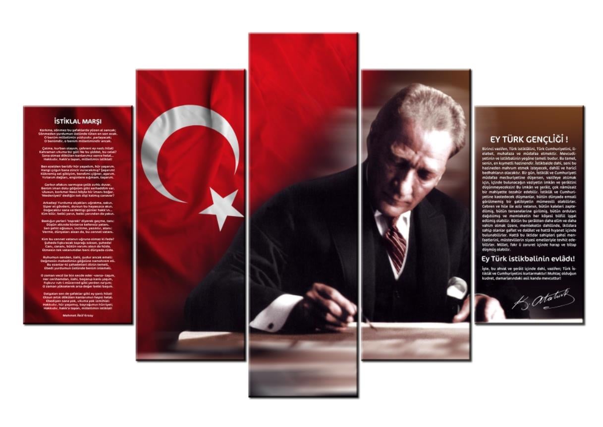 Atatürk, Türk Bayrağı, İstiklal Marşı ve Gençliğe Hitabe 5 Parçalı Kanvas Tablo