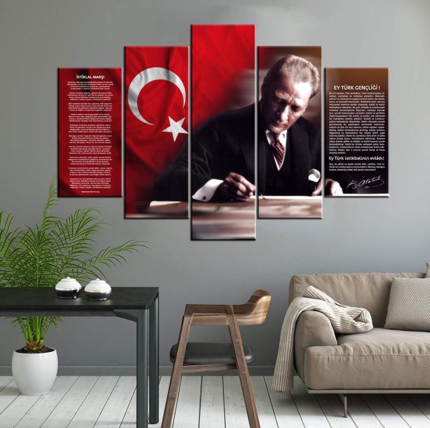 Atatürk, Türk Bayrağı, İstiklal Marşı ve Gençliğe Hitabe 5 Parçalı Kanvas Tablo