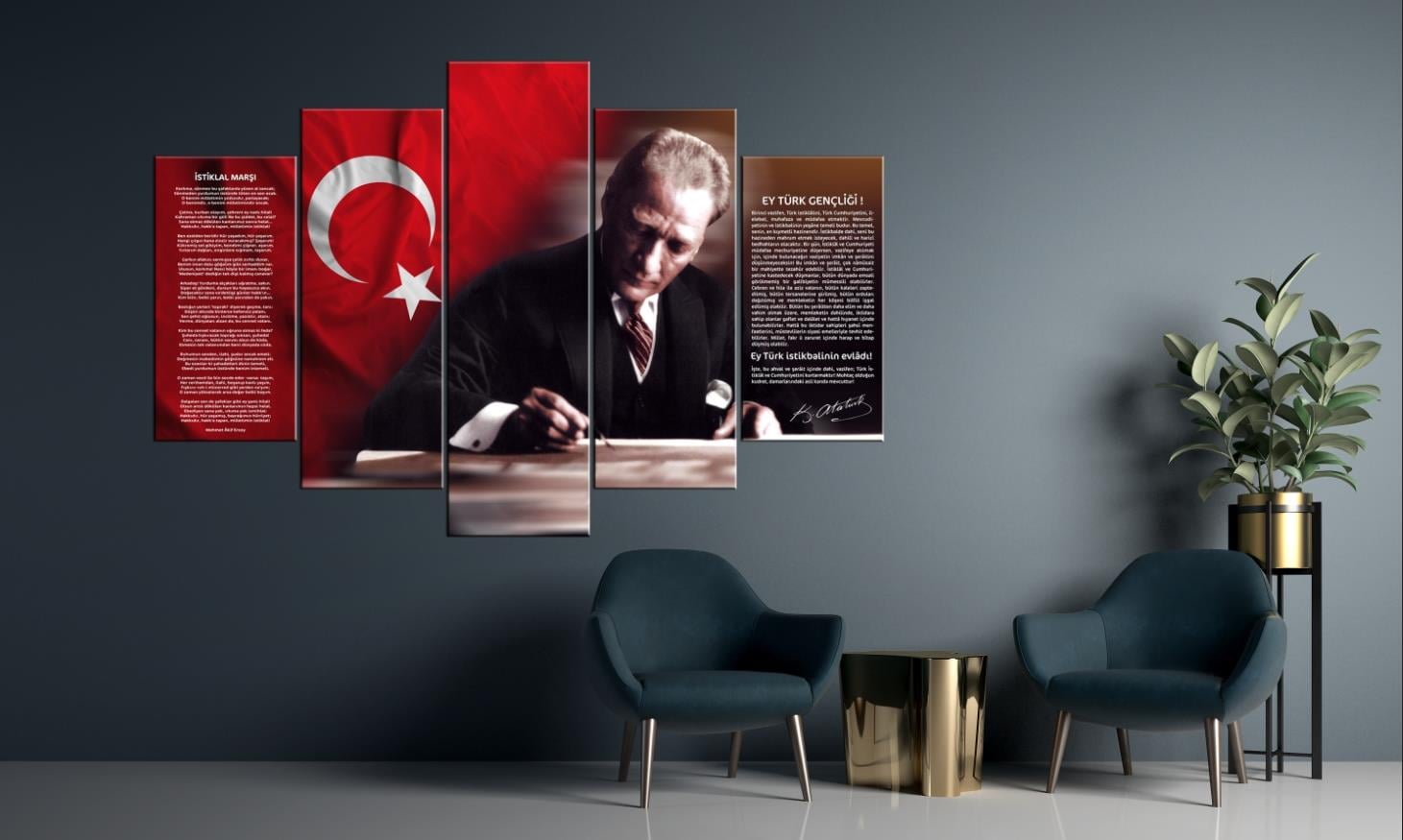 Atatürk, Türk Bayrağı, İstiklal Marşı ve Gençliğe Hitabe 5 Parçalı Kanvas Tablo
