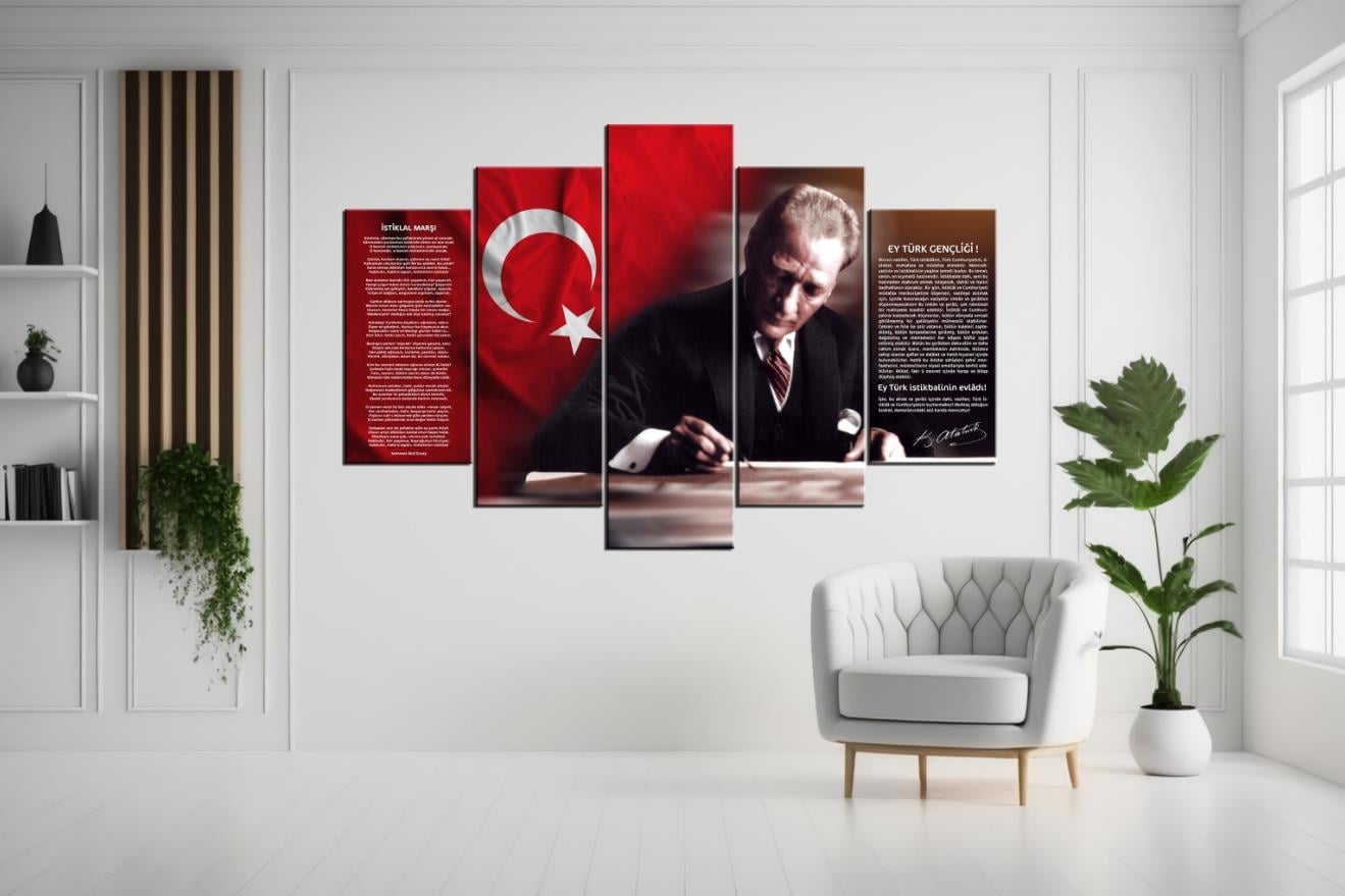 Atatürk, Türk Bayrağı, İstiklal Marşı ve Gençliğe Hitabe 5 Parçalı Kanvas Tablo